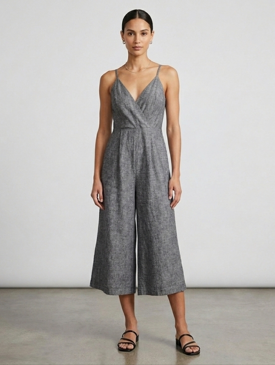 Tahari Pants - Tahari Gray Chambray Linen Sleeveless Wide Crop Leg Jumpsuit